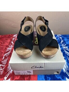 CLARKS Caslynn Shae BLACK Nubuck Cork Wedge PLATFORM SANDALS Sz 6 M